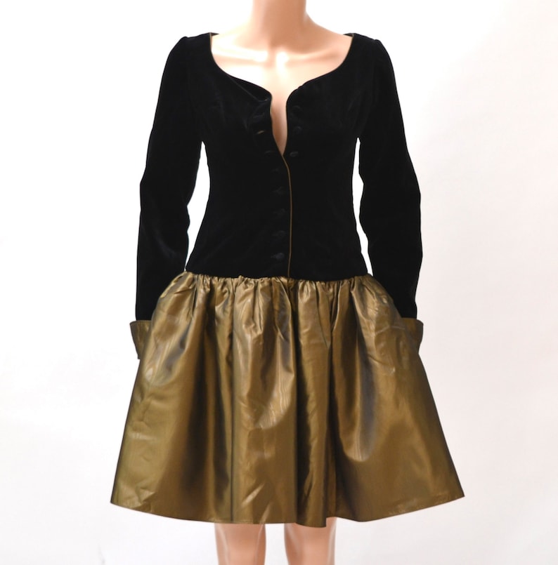 Vintage 80s Prom Dress Black and Gold Metallic XS Small 80s 90s does 50s Party Dress Black Velvet Gold Crinoline Dress Laura Ashley
