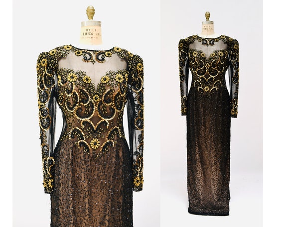 80s 90s GLAM Vintage Negro Oro Cuentas Lentejuelas Vestido de - Etsy México 80s 90s GLAM Vintage Negro Oro Cuentas Lentejuelas Vestido de - Etsy México