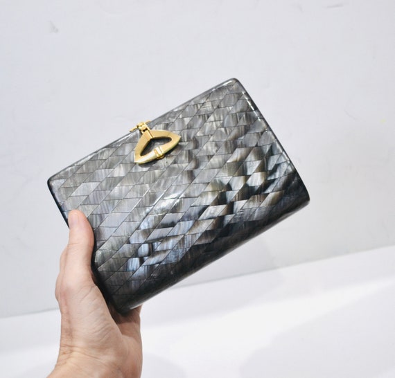 70s 80s Vintage Grey Clutch Hard Case Acrylic Fau… - image 2