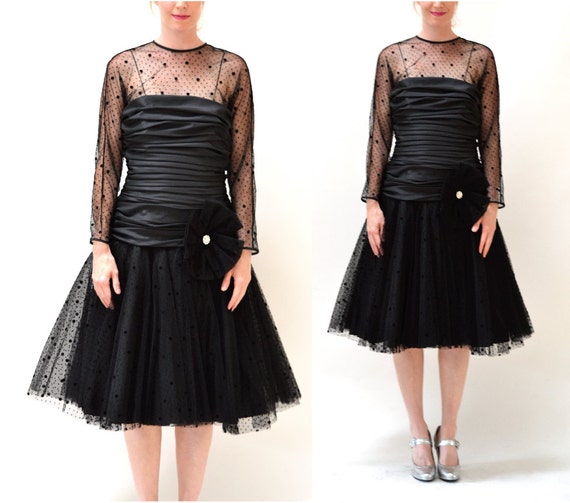 Vintage Black Dress Medium Crinoline Skirt Polka Dot 80s 90s Black 80s Prom Dress Illusion Dress Black Party Prom Dress Medium Large Etsy UK