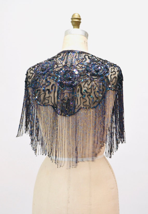 80s 90s Vintage Black Beaded Sequin Shawl Fringe … - image 2