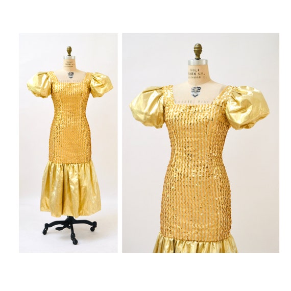 Gold Metallic 80s Prom Dress Gold Metallic Sequin