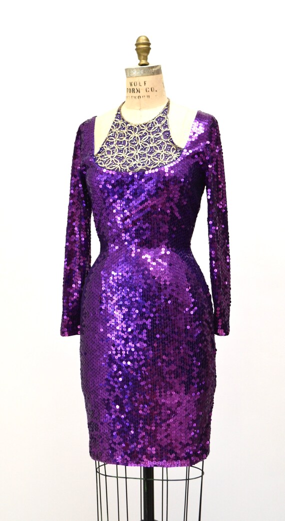 90s Vintage Purple Sequin Dress Medium Metallic D… - image 3