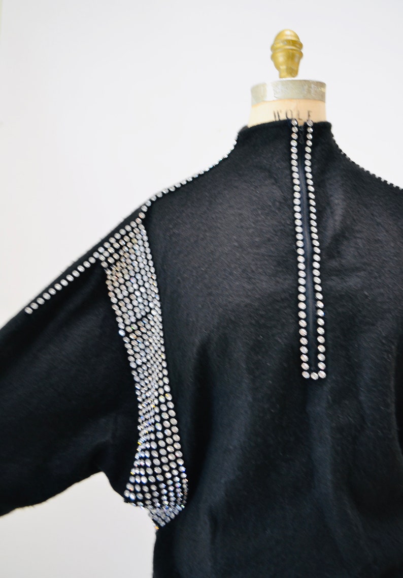 80s 90s Glam Black Sweater Top Vintage Black Rhinestone Sweater Jumper Pull over 80s Rhinestone Party Sweater Dolman Sleeves Small Medium image 5