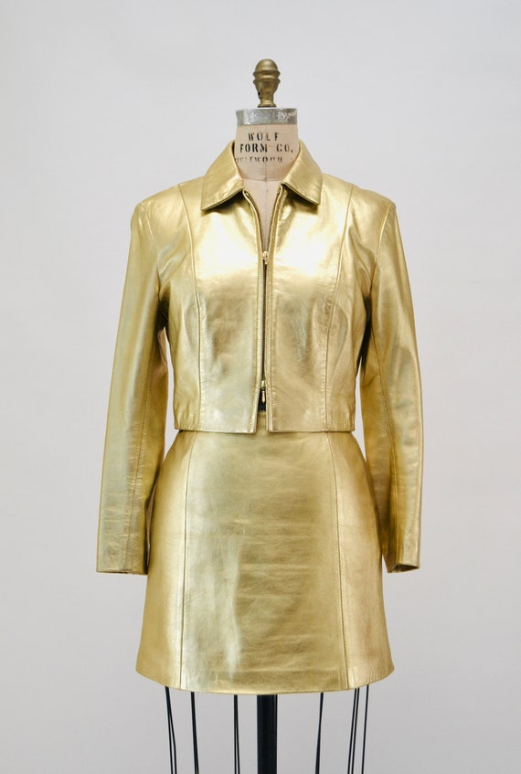 2000s Y2K Vintage Gold Metallic Leather Suit Gold… - image 2