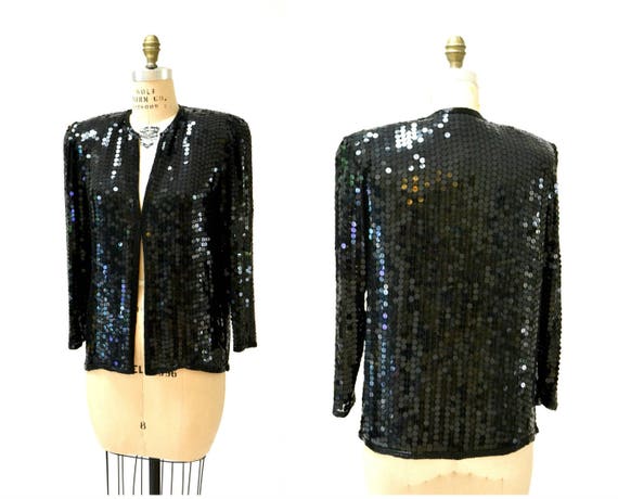 Vintage Black Sequin Jacket Small Medium// Black … - image 2