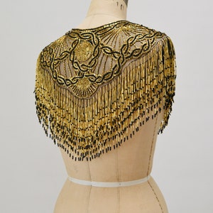 Vintage Gold Beaded Fringe Shawl Wrap Burlesque Wedding Flapper Gold Metallic Beaded Vintage Fringe Collar Shawl Gold Black Wrap Sharmark image 7