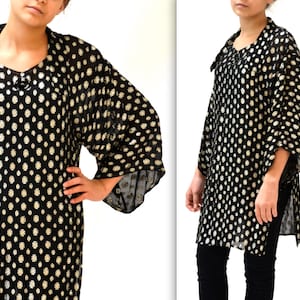 Vintage Metallic Black Silver Polka Dot Tunic Top Small Medium// Sheer Black Shirt Silver Metallic Beach Cover Up By Helene Sidel