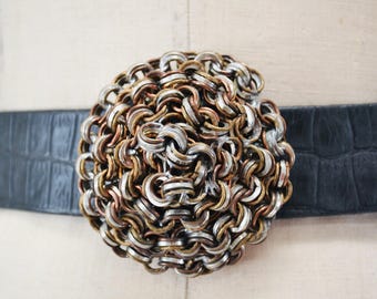 Vintage 1980s Brutalist Style Tooled Metal Belt w/Silver & Bronze Embellishments Accessories | Vintage 198s Brutalist Style Tooled Metal Belt  main image 2