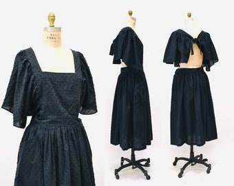 80s Vintage Black Cotton Dress Summer Apron Dress MIMI TRUJILLO Medium Large Black Cotton Pinafore Apron Summer Dress Ruffle Backless Dress