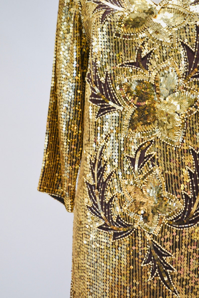 70s 80s Vintage Gold Sequin Dress Vintage Gold Metallic Dress medium large // Sequin Dress Flapper Inspired Cher Dress 80s Glam image 6