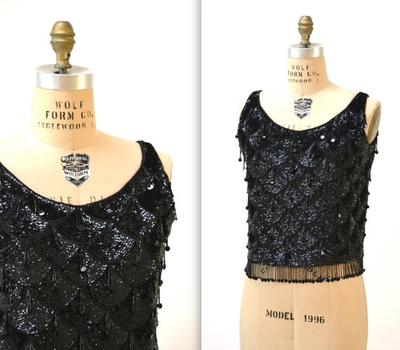 50s 60s Vintage Black Sequin Tank Top Shell Size … - image 2