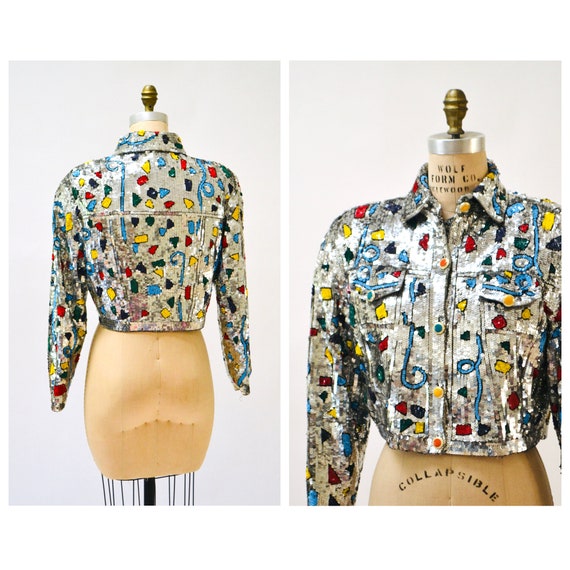 Vintage Sequin Jacket Silver Metallic Rainbow Seq… - image 3