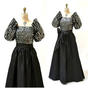 Vintage 80s Prom Dress XS Small Black Silver Sequin Evening Ball Gown// Vintage Silver Sequin Dress Small Princess Dress image 1