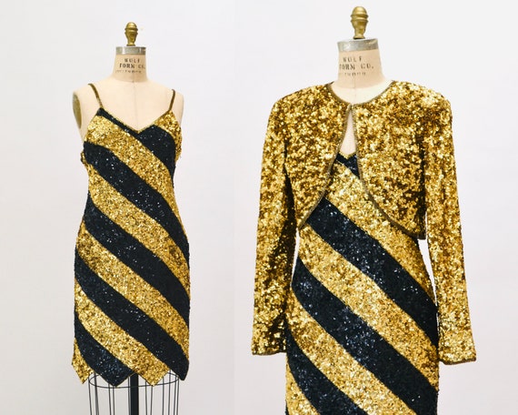 90s Vintage Black Gold Metallic Sequin Dress Tank… - image 1
