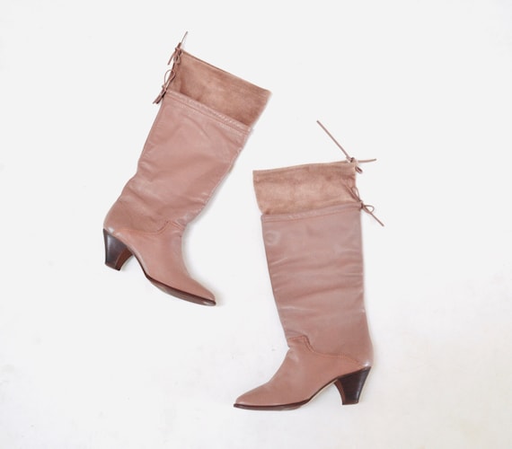 80s Vintage Nude Brown Leather High Heel Boots Si… - image 2