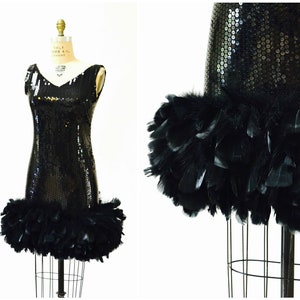 80s Vintage Black Sequin Feather Dress Small // Vintage Party Flapper Black sequin Dress Feather Boa Showgirl Dress Small Dana Deatherage image 1