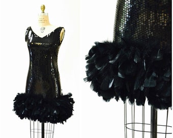 80s Vintage Black Sequin Feather Dress Small // Vintage Party Flapper Black sequin Dress Feather Boa Showgirl Dress Small Dana Deatherage