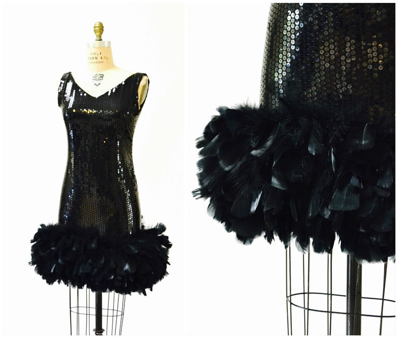 80s Vintage Black Sequin Feather Dress Small // Vintage Party Flapper Black sequin Dress Feather Boa Showgirl Dress Small Dana Deatherage image 1