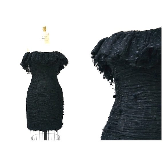 Vintage 80s 90s Black Party Dress off the shoulde… - image 1