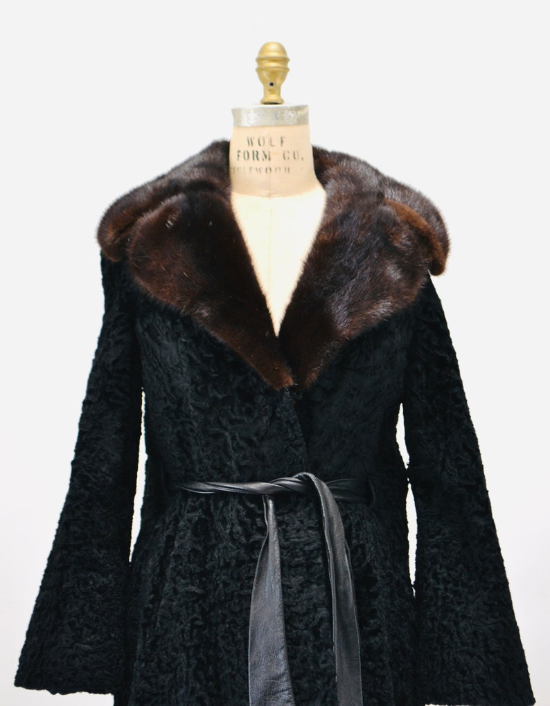 Vintage Black Persian Lamb Mink Fur Collar Coat Jacket Black Brown Broadtail leather Belted Jacket Trench Small Medium By Galleries Furs image 3