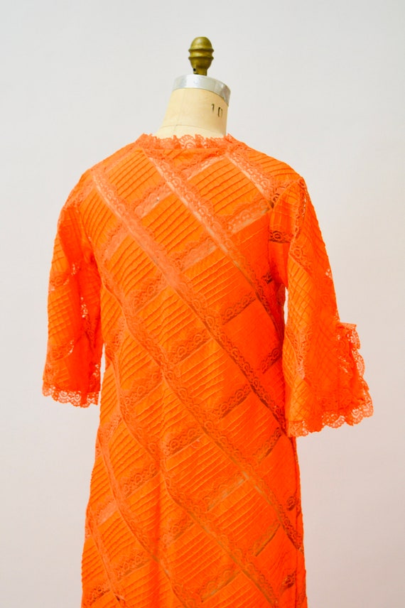 70s Vintage Orange Dress Lace Patchwork House Dre… - image 9