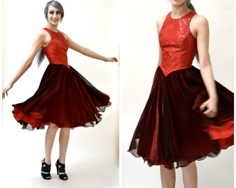 Vintage Prom Dress Red and Black Size Small// vintage 80s Prom Dress Small// vintage 80s Metallic Dress Swing Dress Red and Black