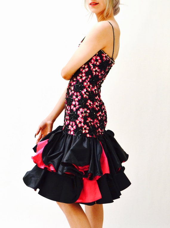 80s Vintage Prom Dress In Black and Pink XXS XS S… - image 4