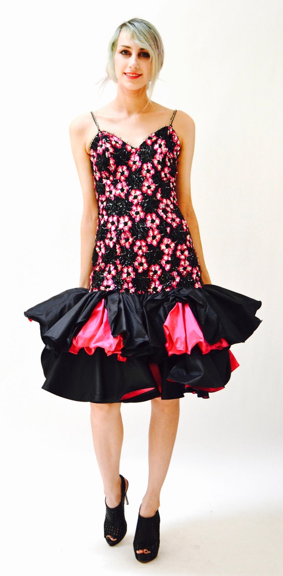 80s Vintage Prom Dress In Black and Pink XXS XS S… - image 2
