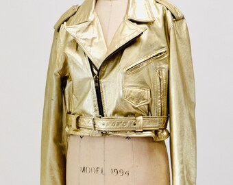 Vintage Gold Leather Jacket Biker Motorcycle Jacket Metallic