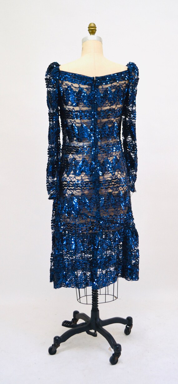 Vintage 80s 90s Lace Sequin Dress Metallic Blue  … - image 9