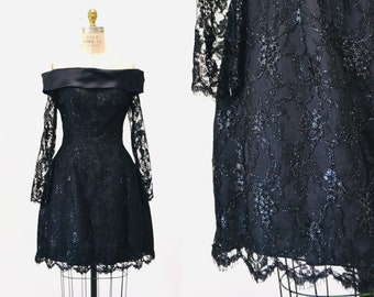 90s 00s Vintage Black Lace Dress off the shoulder Dress by Liancarlo// Black lace Dress XS Small Neiman Marcus