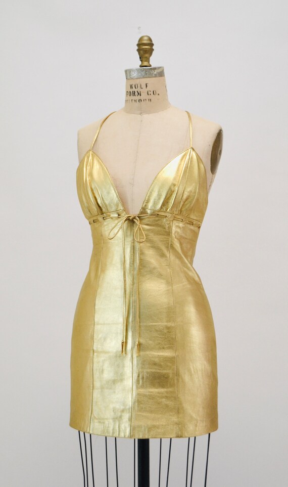 2000s Y2k Vintage Gold Leather Lace up Dress by M… - image 3