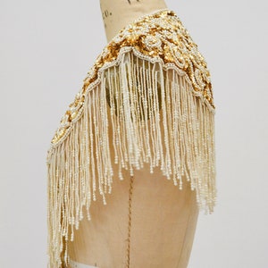 Vintage Gold Pearl White Cream Beaded Sequin Shawl Wrap Burlesque Wedding Flapper Gold Metallic Beaded Wedding Vintage Fringe Collar Shawl image 9