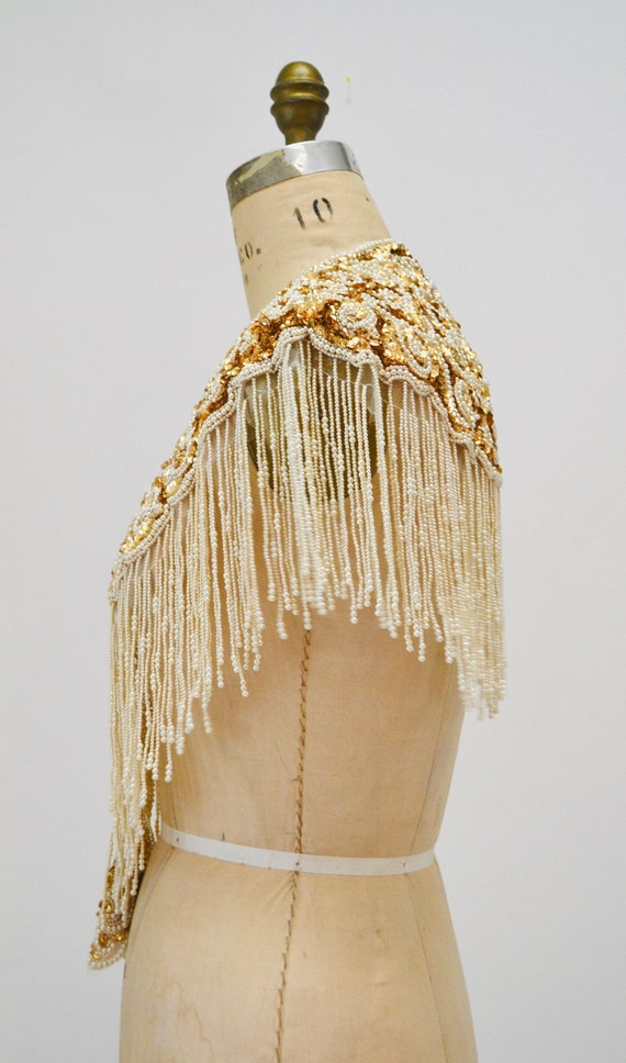 Vintage Gold Pearl White Cream Beaded Sequin Shaw… - image 9