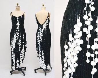 70s 80s vintage Sequin Bob Mackie Dress Noir blanc Beaded Sequin Fringe Dress Small Medium I.MAGNIN Bob Mackie Asymetrical Fringe Dress