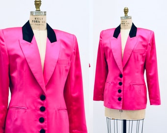 Vintage 80s 90s Bright Pink Fuchsia Satin Suit Jacket Blazer 90s Pink Barbie Power Suit Medium Large// 90s Glam Pink Jacket Blazer Criscione