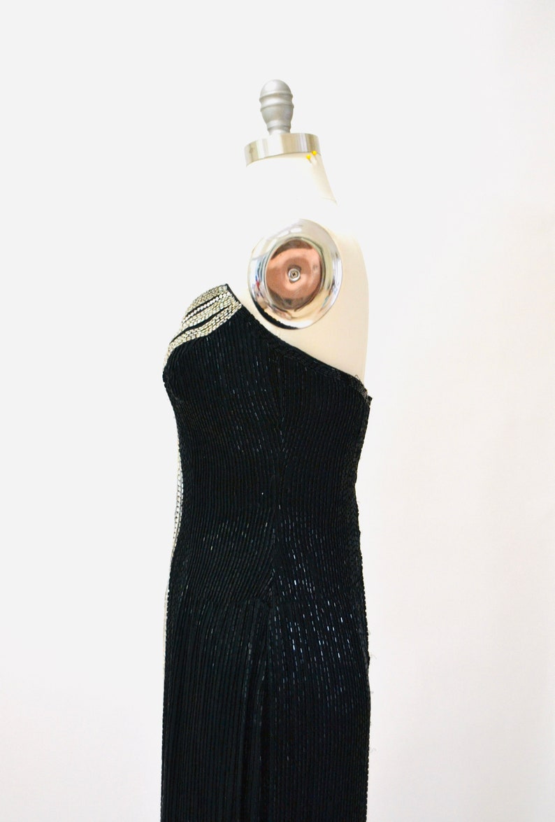 80s 90s Vintage Beaded Sequin Gown Dress By Bob Mackie Black Silver Strapless Black Beaded Gown BoB Mackie Cher Pageant Dress XS Small image 6