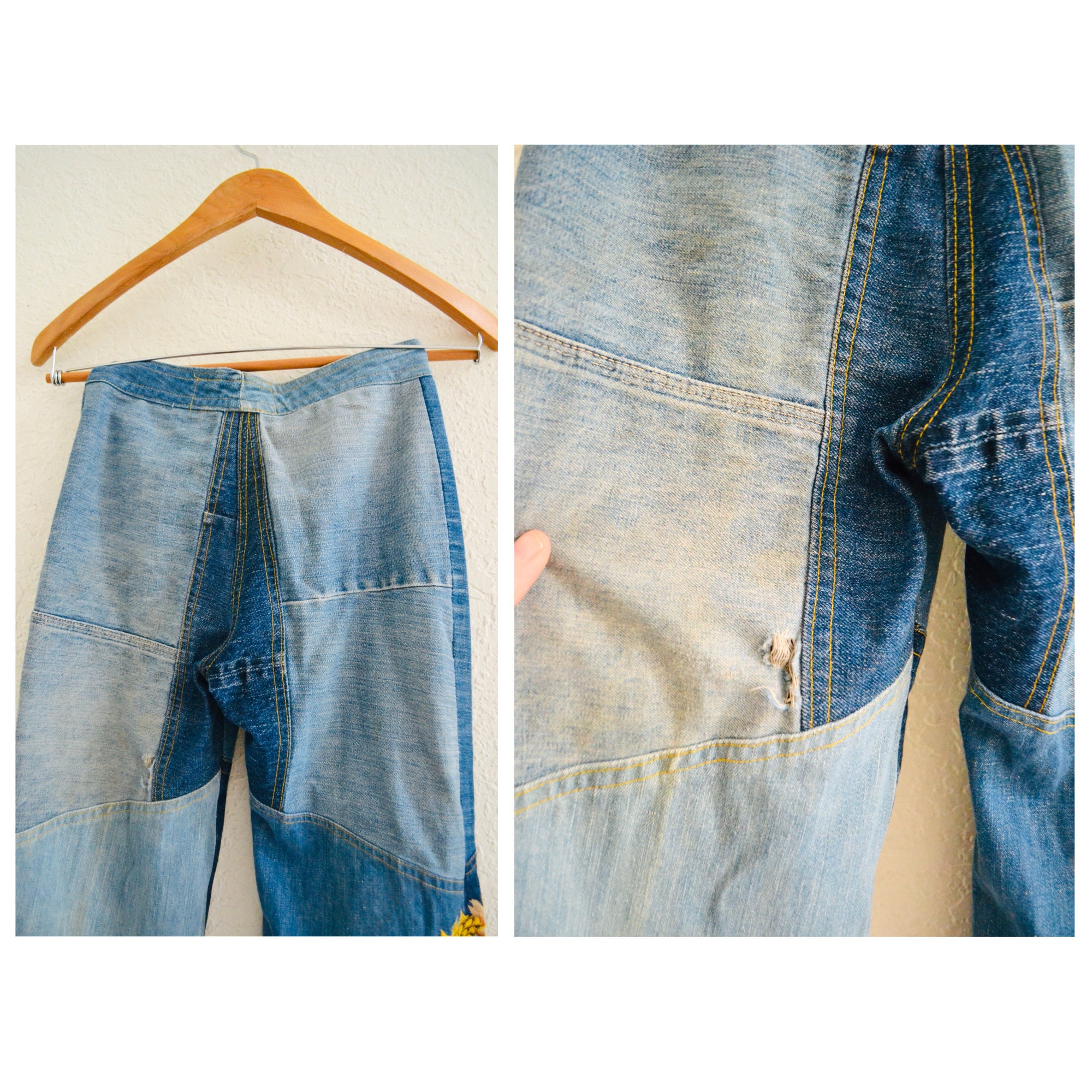 70s Authentic Vintage Patchwork Denim Shirt Bell Bottom