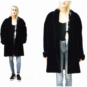 Vintage zwarte jas jas van imitatiebont medium large van Doony Brook //Vintage zwarte veganistische bontjas jas maat Small Medium