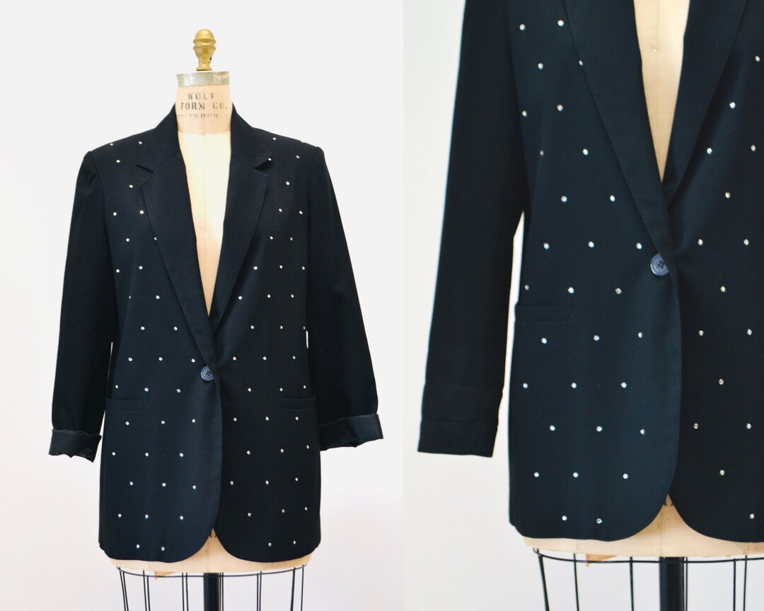 80s 90s Vintage Black Rhinestone Metallic Jacket Metallic Blazer Jacket ...