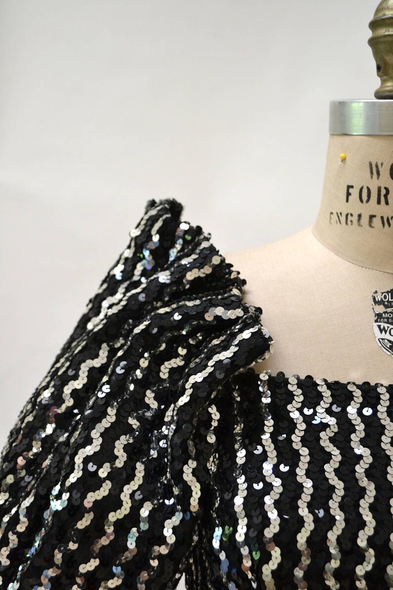 Vintage 80s Prom Dress XS Small Black Silver Sequin Evening Ball Gown Vintage Silver Sequin Dress Small Princess Dress