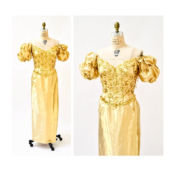 Gold Metallic 80's Prom Dress Evening Gown Medium