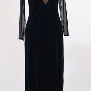 90s Vintage Black Velvet Prom Dress Illusion Dress Medium// Black Body Con 90s Prom Dress Bondage Dress Medium Sheer Sleeve long Black Dress image 3