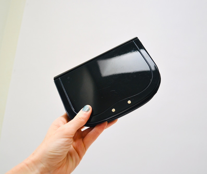 70s 80s Vintage Black Clutch Hard Case Acrylic and Leather Made in Italy// Vintage Black Hard Acrylic Evening Bag Clutch Small Bag image 1