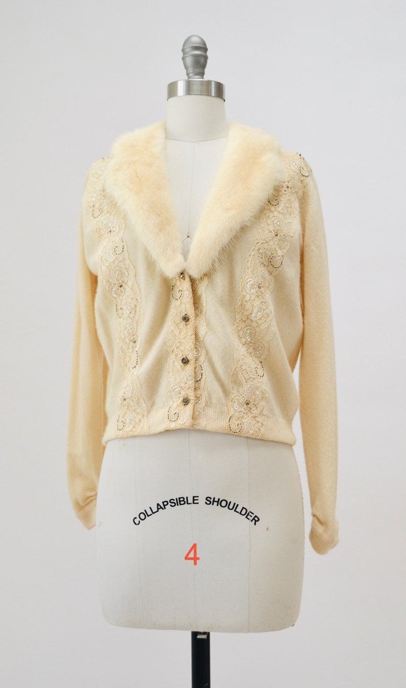 50s Vintage Cream Mink Fur Collar Beaded Cardigan Sweater Rhinestone Buttons Small Medium Vintage Wedding Fur Collared Cashmere Cardigan image 6