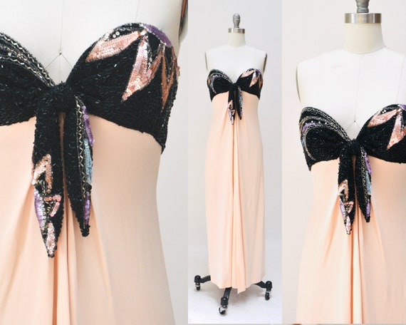 80s 90s Vintage Silk Sequin Gown Dress XXS XS By … - image 2