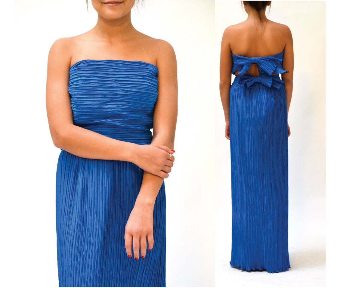 Vintage Strapless Ball Gown Blue Satin Pleated Long Party Dress SP1770 main image 1