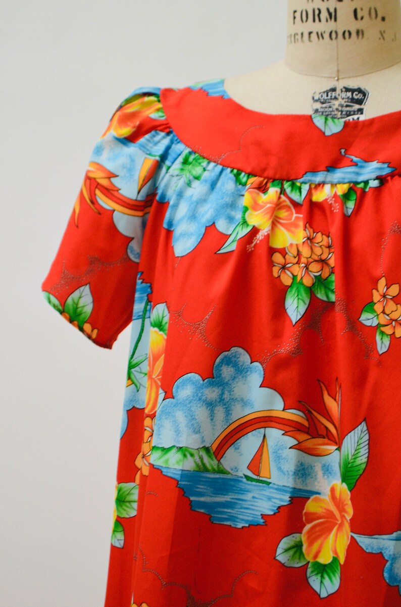 80s Vintage Red Hawaiian Floral Print Dress Large Beach Cover up Moo ...