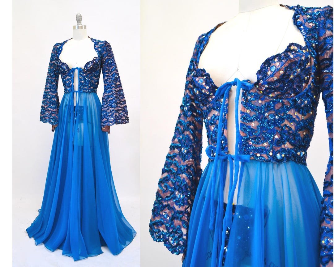 70s 80s Vintage Blue Burlesque Dancer Costume Sequin Peignoir Thong XXS ...